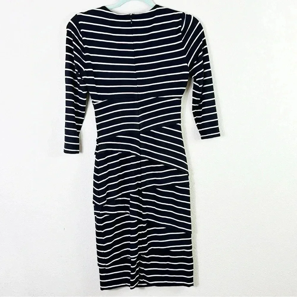 White House Black Market Black White Striped 3/4 Sleeve Bodycon Dress Size 0